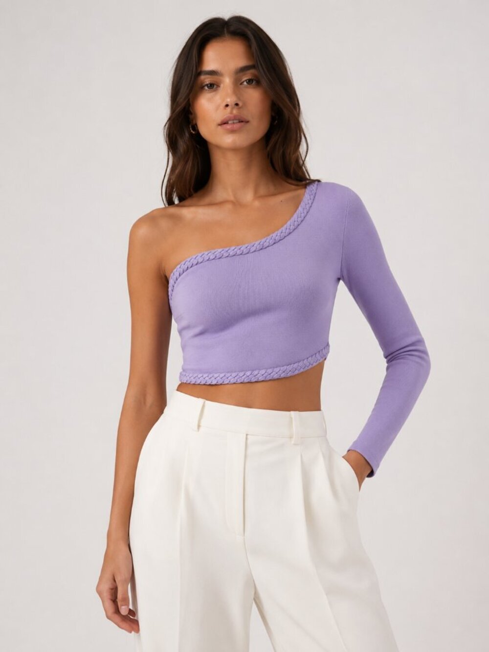 AJE Hyades One Shoulder Braided Knit Crop Top Lilac Asymmetric Size S